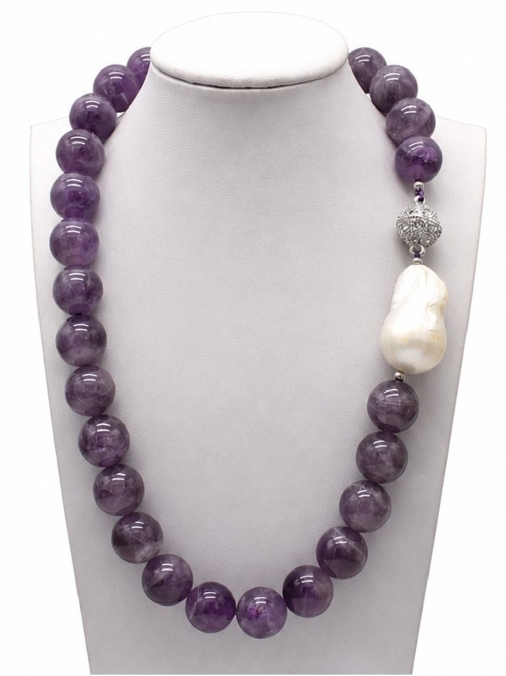 Amethyst Bead Necklace with Baroque Pearl Accent 16"-
